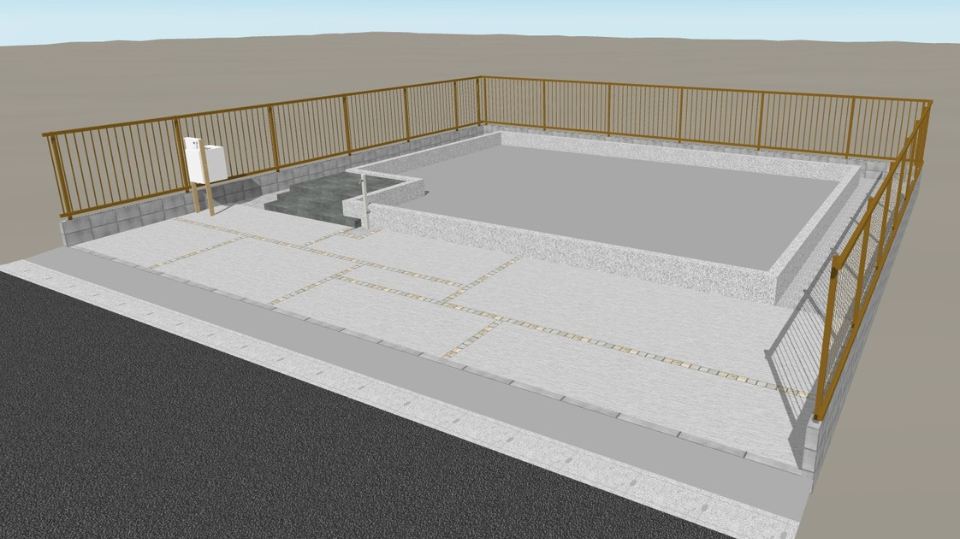 埼玉県川越市U様邸の外構工事イメージパース。シンプルな土間コンクリートに天然石ラインを組み合わせたデザインで、機能門柱と階段の位置関係がわかる完成予想図。